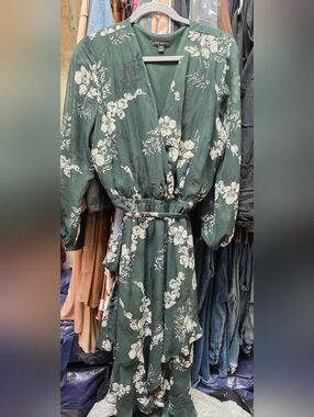 Lane Bryant Dark Green Floral Wrap Maxi Dress with White Print